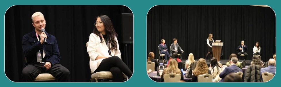 Two photos on teal: a man speaking into a microphone beside a seated woman on stage, and a wider view of a four-person panel facing a seated audience
