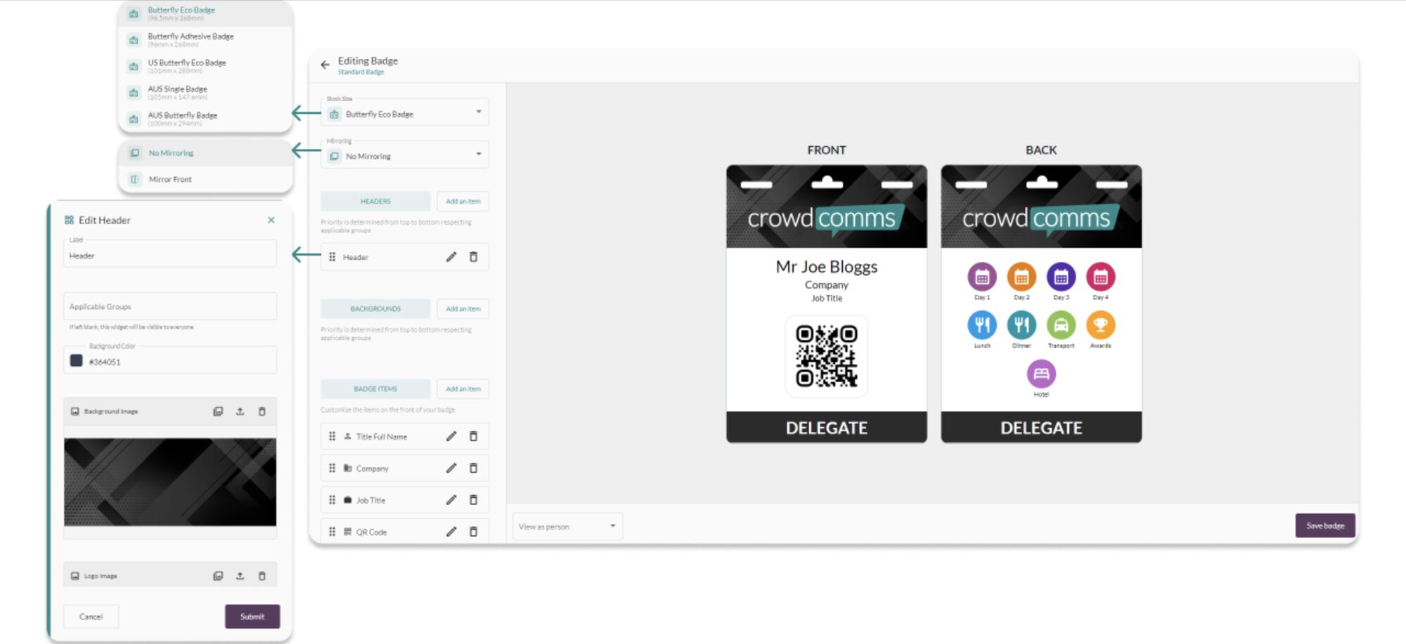 Badge editor interface with stock size and mirroring dropdowns, header, background and badge item lists, and front and back previews of a delegate badge