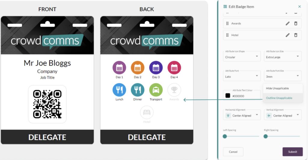 Front and back delegate badge previews beside an Edit Badge Item panel setting icon shape, font and alignment, with unapplicable icons shown outlined
