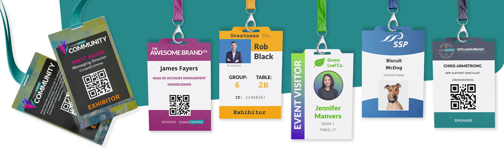 Row of event badges on coloured lanyards against teal, showing exhibitor, visitor, speaker and delegate designs with photos, names and QR codes