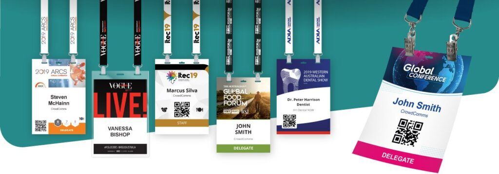 Eight lanyard badges in different event branding on a teal background, marked delegate, staff or speaker and some carrying QR codes