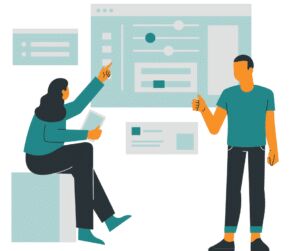 Flat illustration of two people gesturing at a large browser window filled with sliders, text blocks and content cards