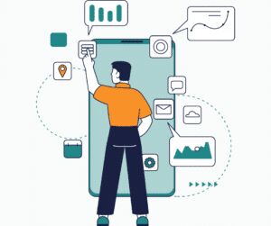 Flat illustration of a person standing at a large phone screen surrounded by chart, chat, email and photo icons