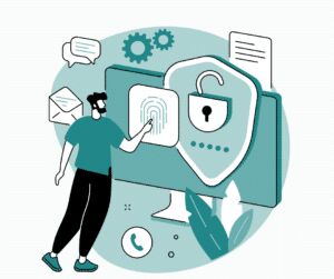 Flat illustration of a person pressing a fingerprint on a monitor beside a padlock shield and a row of password dots