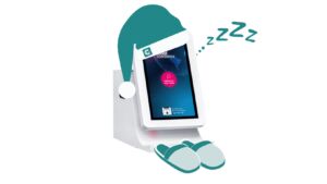 Illustration of a badge printing kiosk wearing a teal nightcap with slippers beside it and zzz letters above, shown as asleep