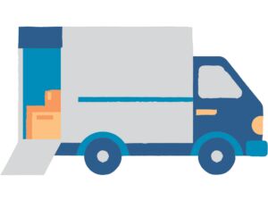 Flat illustration of a blue and grey delivery truck with boxes being loaded up a ramp