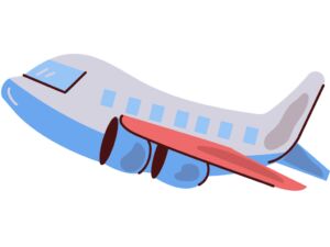 Flat illustration of a blue, grey and red passenger aeroplane in flight