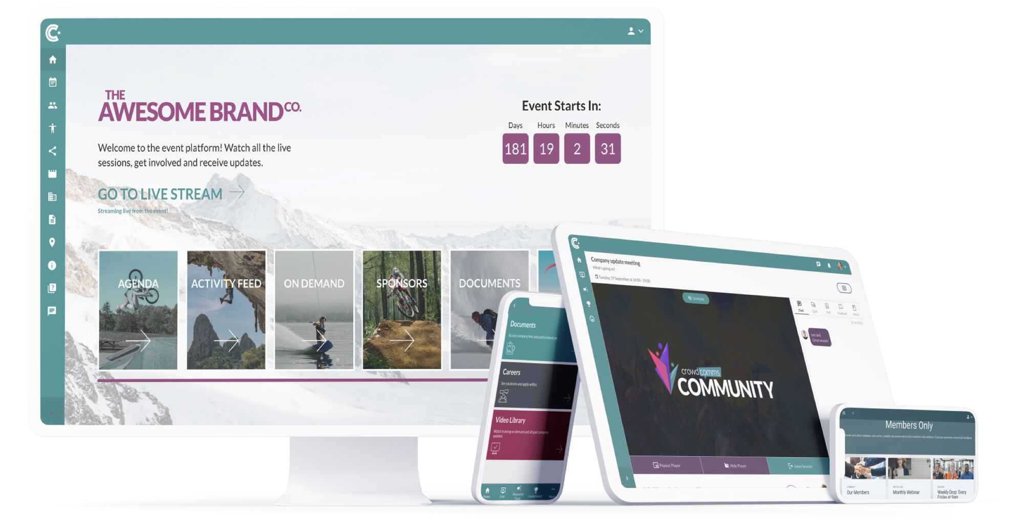 Event platform across a monitor, tablet and phones: a branded welcome page with an event countdown and tiles for Agenda, Activity Feed, On Demand, Sponsors and Documents