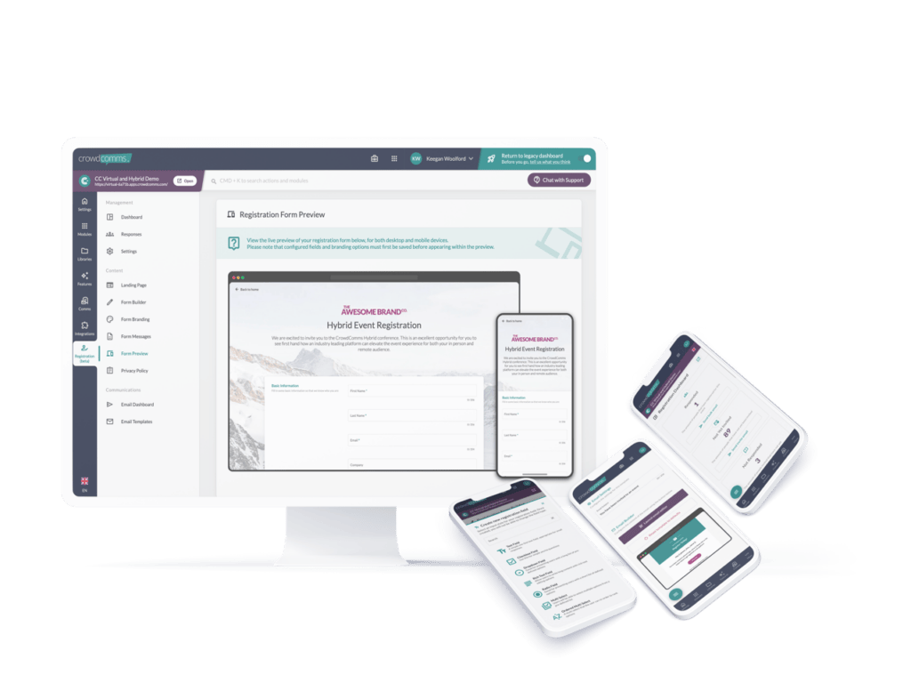 CrowdComms dashboard on a monitor showing a Registration Form Preview with a branded hybrid event form, alongside phones showing the mobile version