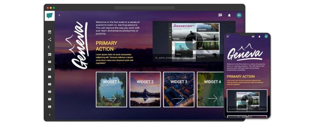Event platform branded Geneva shown on a laptop and phone, with a video player, a primary action panel and four widget tiles