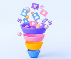 3D illustration of a stacked funnel in purple, pink, yellow and blue with social media, video and percentage icons falling into it