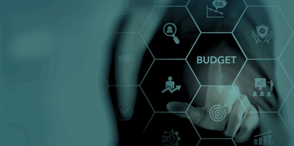 Teal-tinted image of a hand touching a hexagonal interface, with BUDGET at the centre surrounded by icons for reporting, targets, growth and security