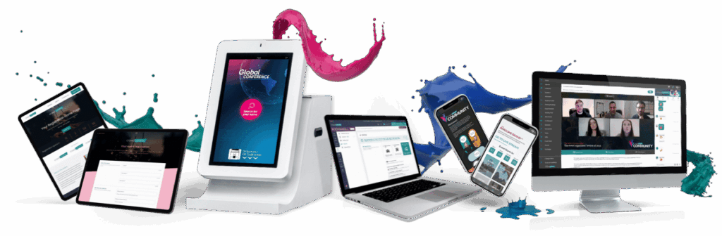 Range of CrowdComms event tech on tablets, a check-in kiosk, laptop, phones and a monitor showing a video call, against teal and pink paint splashes