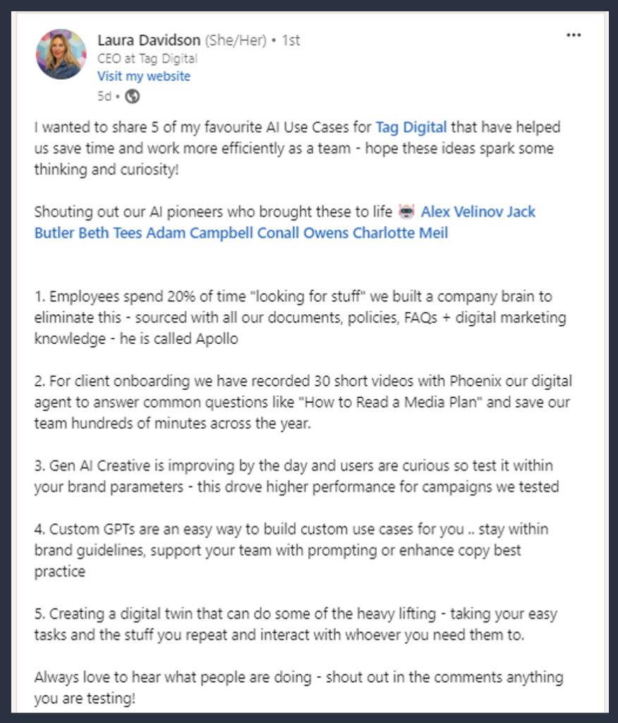 LinkedIn post from Laura Davidson, CEO at Tag Digital, listing five AI use cases her team uses to save time