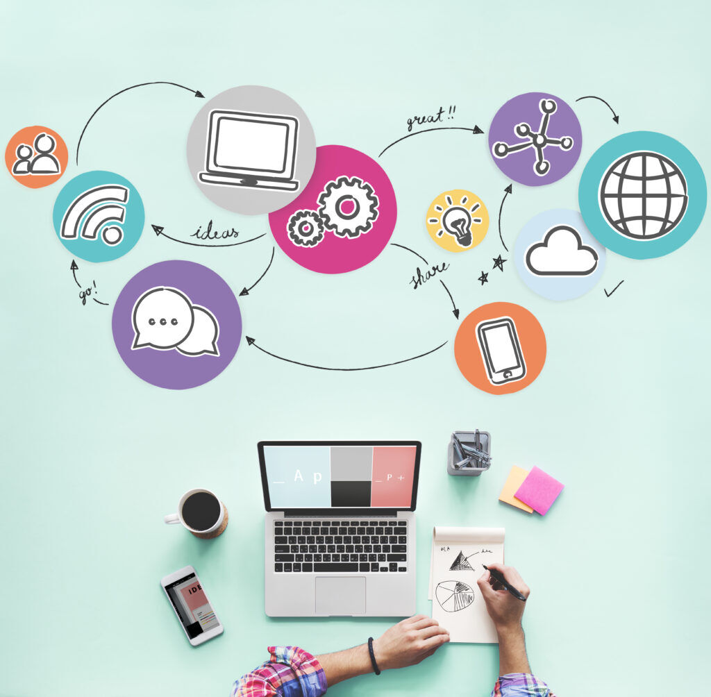 Overhead shot of someone sketching charts beside a laptop, with a circular diagram of laptop, wifi, chat, cloud and globe icons above