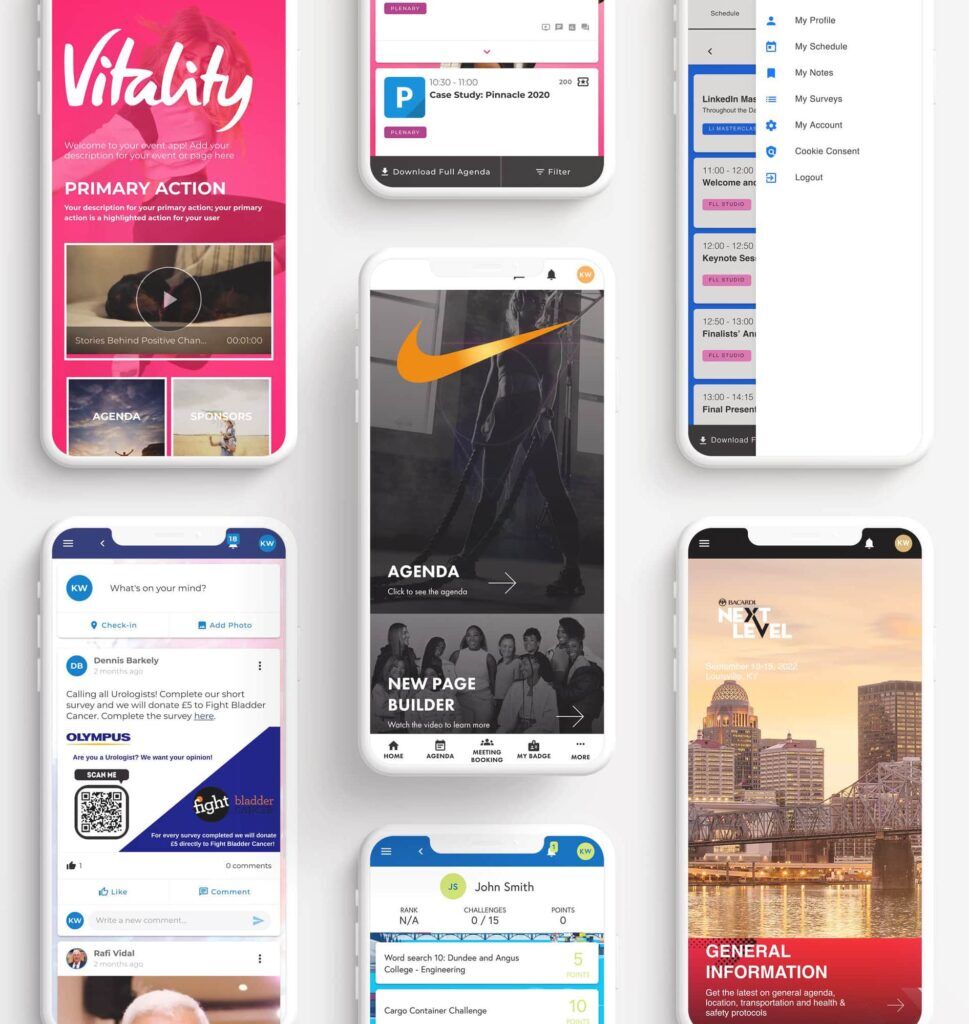 Grid of event app phone screens including a pink Vitality home page, a filtered agenda, an activity feed post, a gamification points list and a profile menu