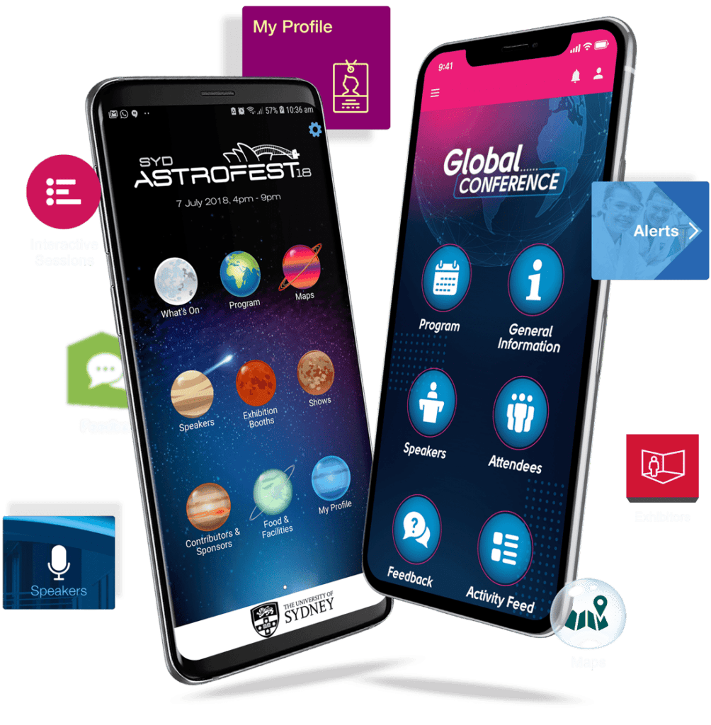 Two phones showing event app home screens for Syd Astrofest 18 and a Global Conference, with round icon menus and floating feature tiles for Alerts, Speakers and Maps