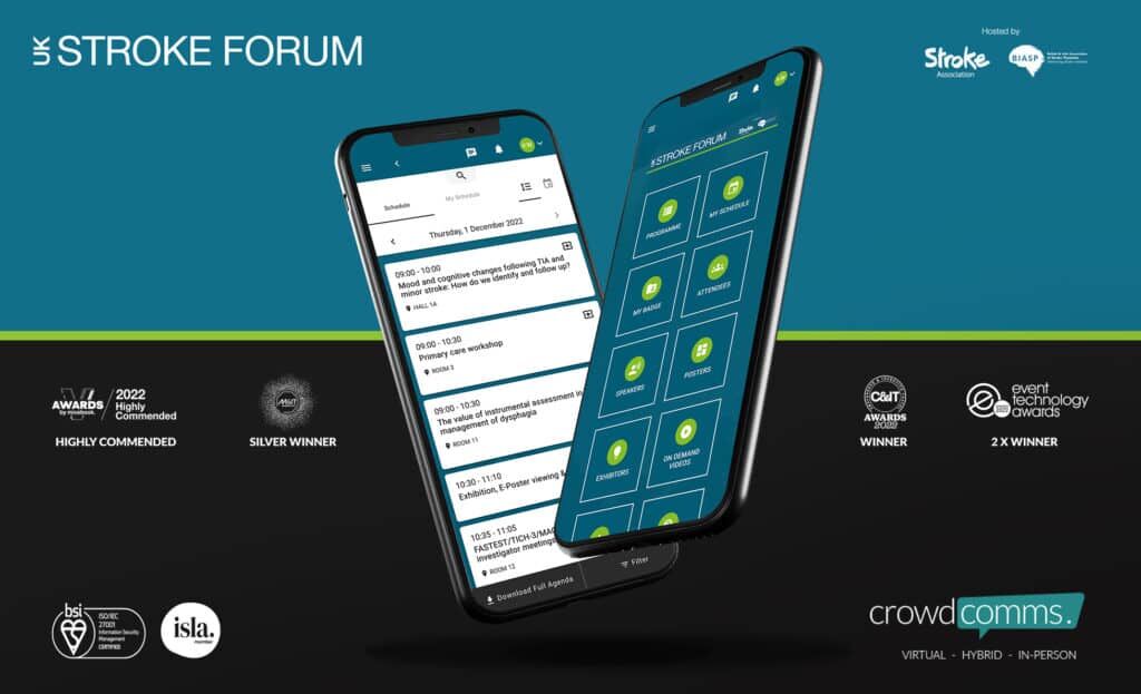 UK Stroke Forum event app on two phones showing the conference schedule and icon menu, framed by industry award badges and the CrowdComms logo