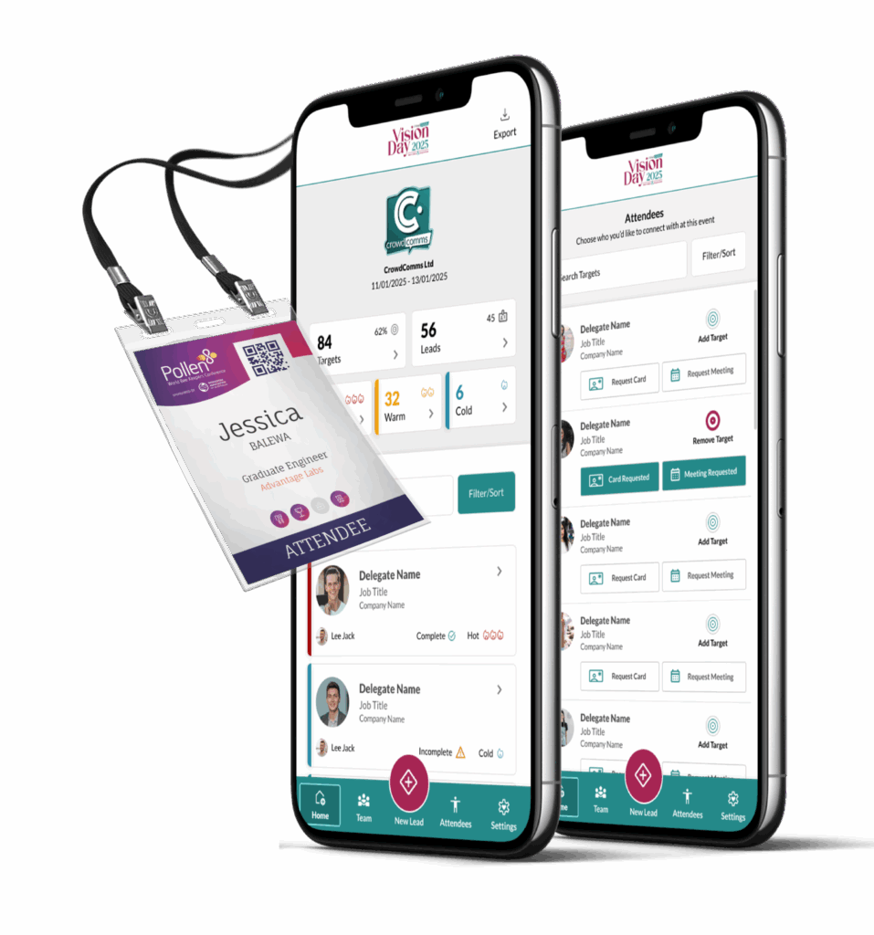 Two phones showing a lead capture app with targets, leads and warm or cold ratings, next to a printed lanyard badge