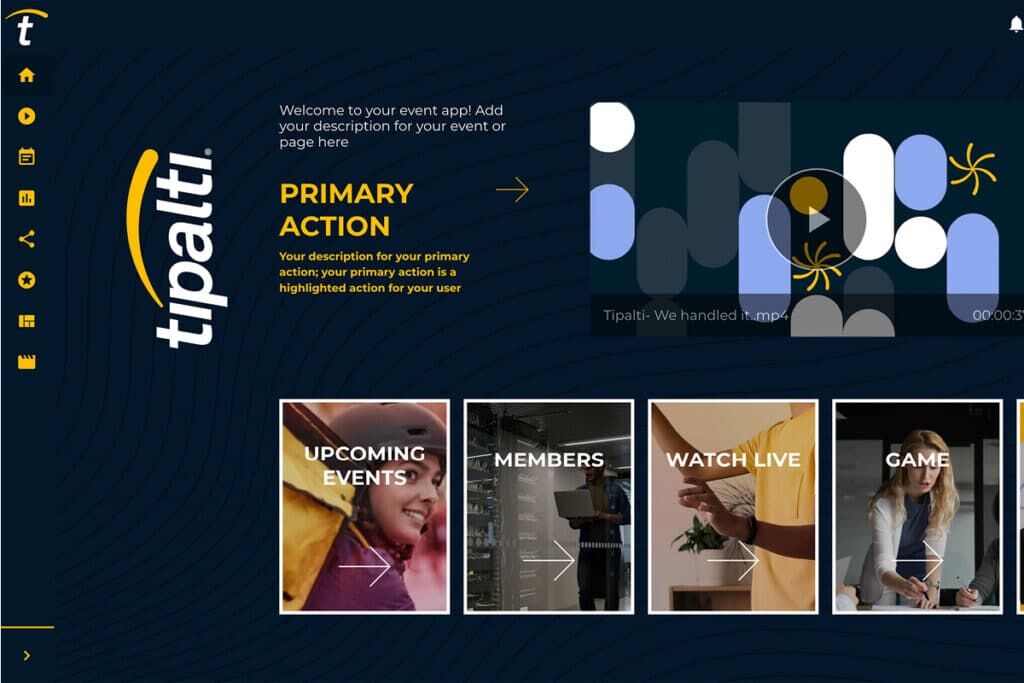Tipalti-branded event platform home page with a video player and tiles for Upcoming Events, Members, Watch Live and Game