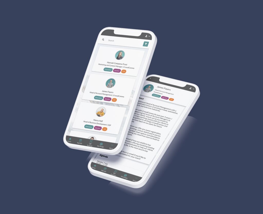 Two phones showing an event app attendee list tagged Attendee, Speaker and VIP, and an open speaker profile with biography text