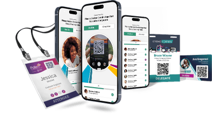 Phones showing event check-in and QR badge scanning screens alongside printed attendee and delegate badges on lanyards