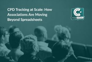 Teal article card titled "CPD Tracking at Scale: How Associations Are Moving Beyond Spreadsheets" above a photo of a seated conference audience
