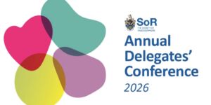 Logo card for the SoR Annual Delegates' Conference 2026 beside overlapping pink, yellow and purple blob shapes