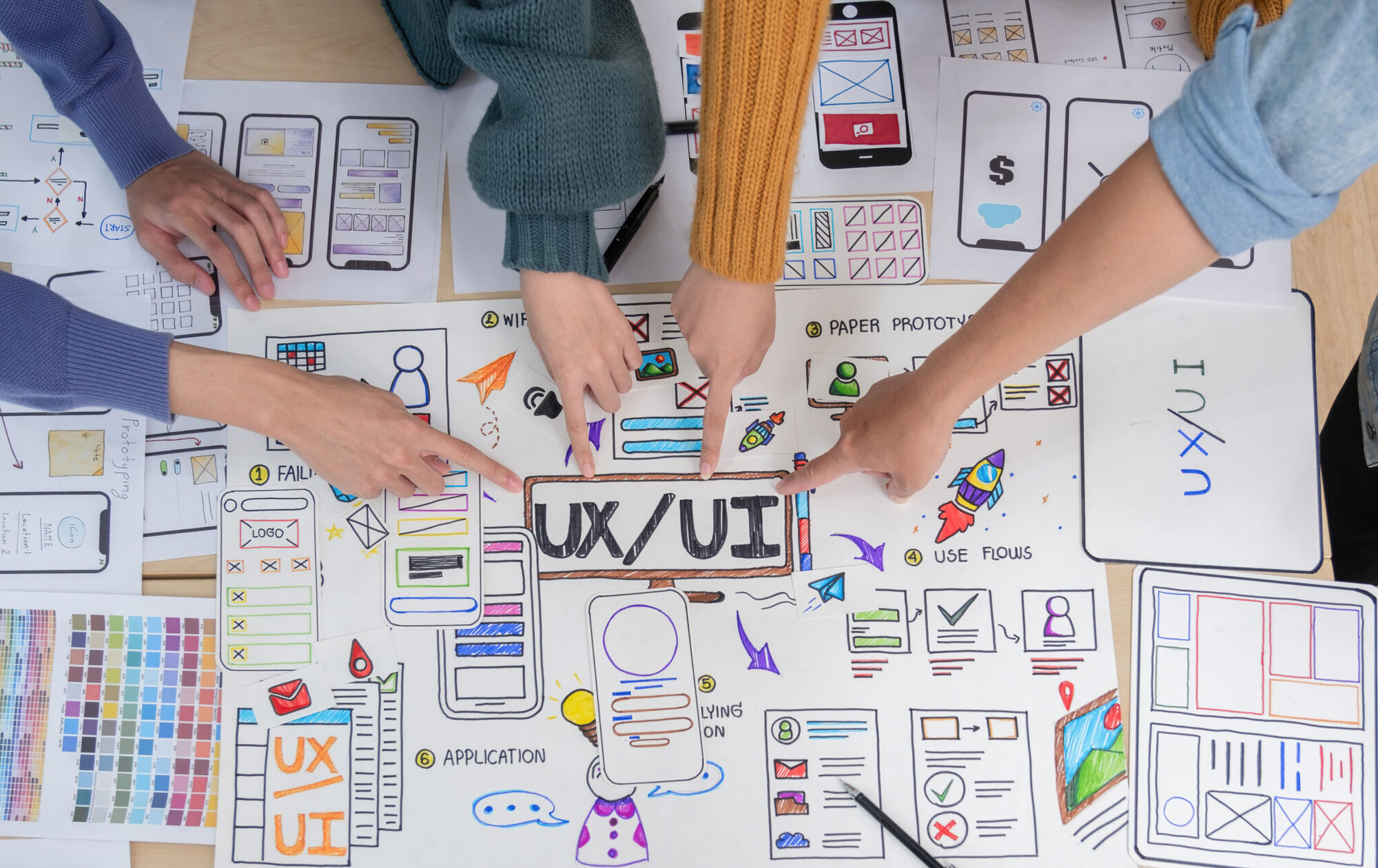 Overhead view of four people pointing at hand-drawn UX/UI wireframes, app sketches and flow diagrams spread across a table