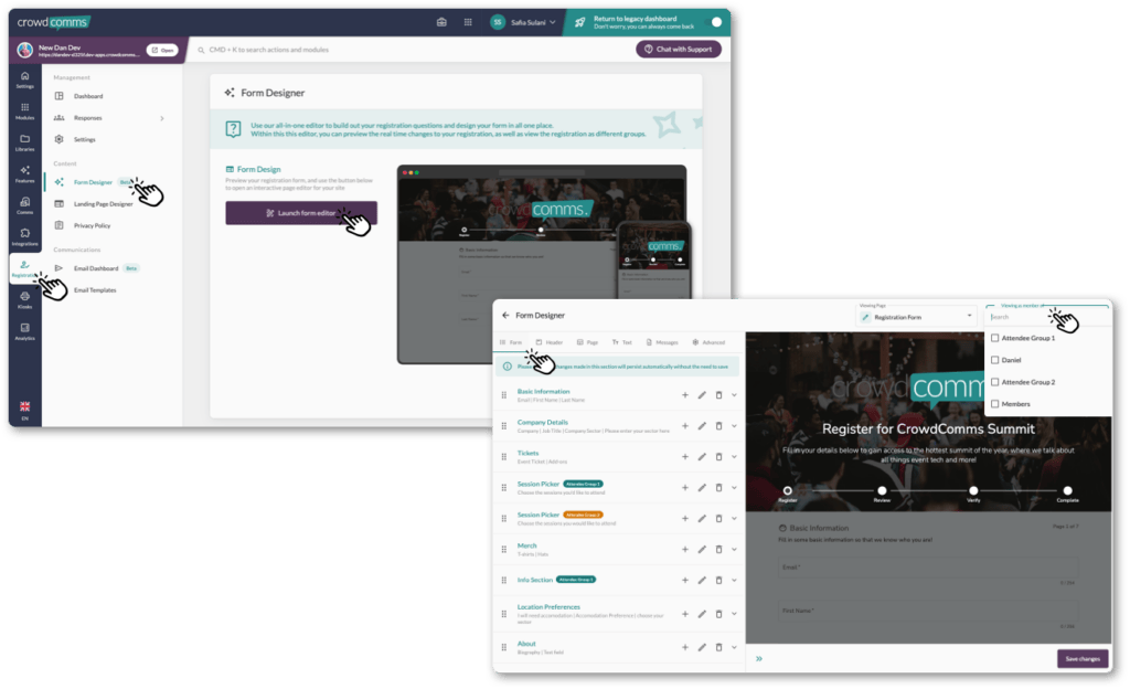 CrowdComms dashboard Form Designer screens, with a draggable list of registration form sections beside a live preview of the attendee-facing form