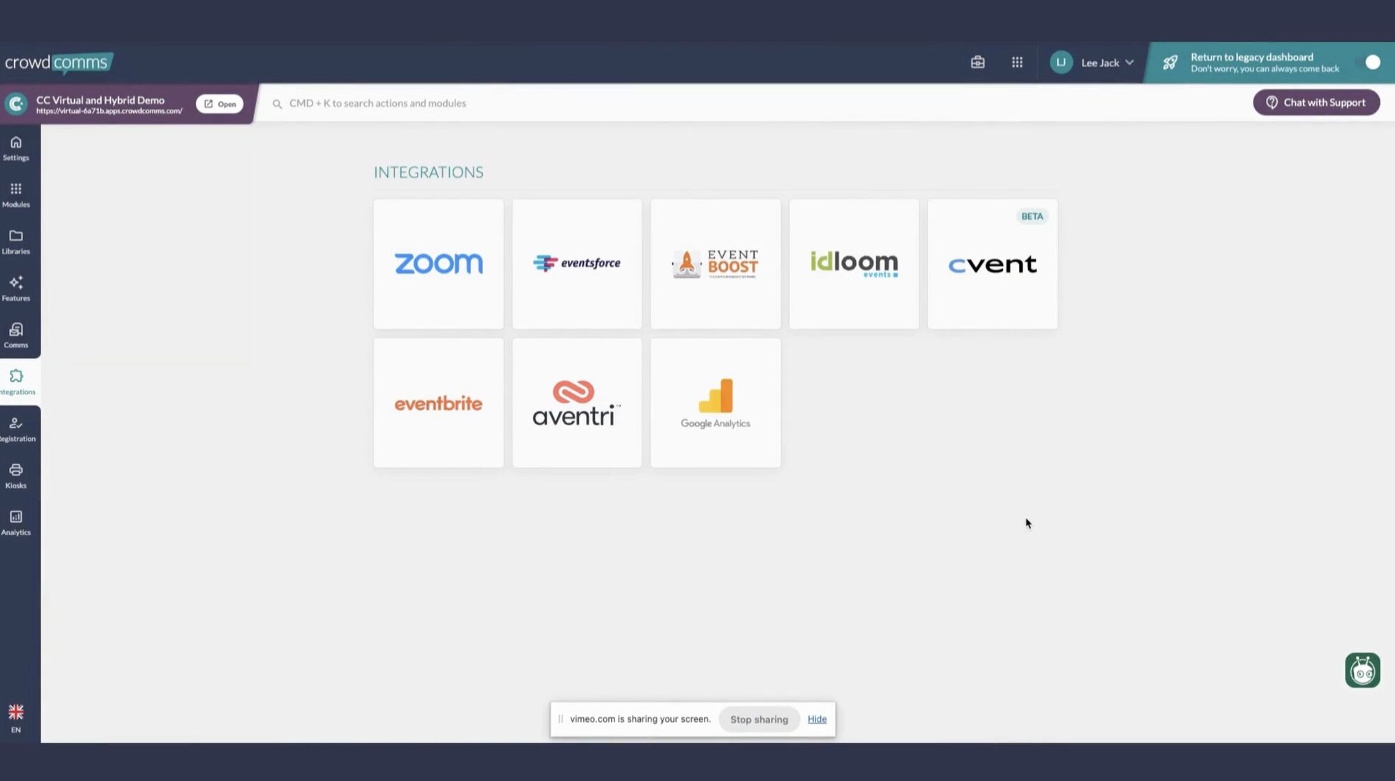 CrowdComms dashboard Integrations page showing tiles for Zoom, Eventsforce, Event Boost, idloom, Cvent (beta), Eventbrite, Aventri and Google Analytics
