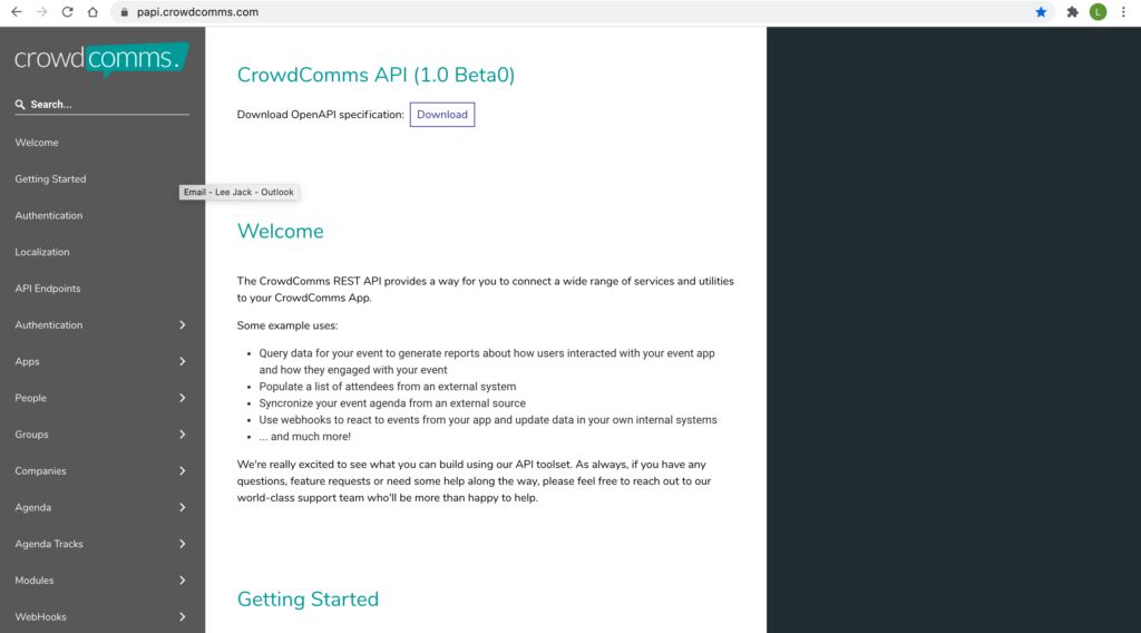 CrowdComms API documentation site open on the Welcome page, listing example uses of the REST API with a sidebar of endpoint sections