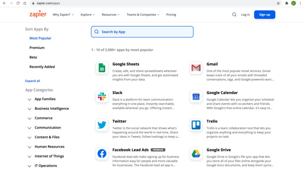 Zapier app directory page listing popular apps including Google Sheets, Gmail, Slack, Google Calendar, Trello and Google Drive
