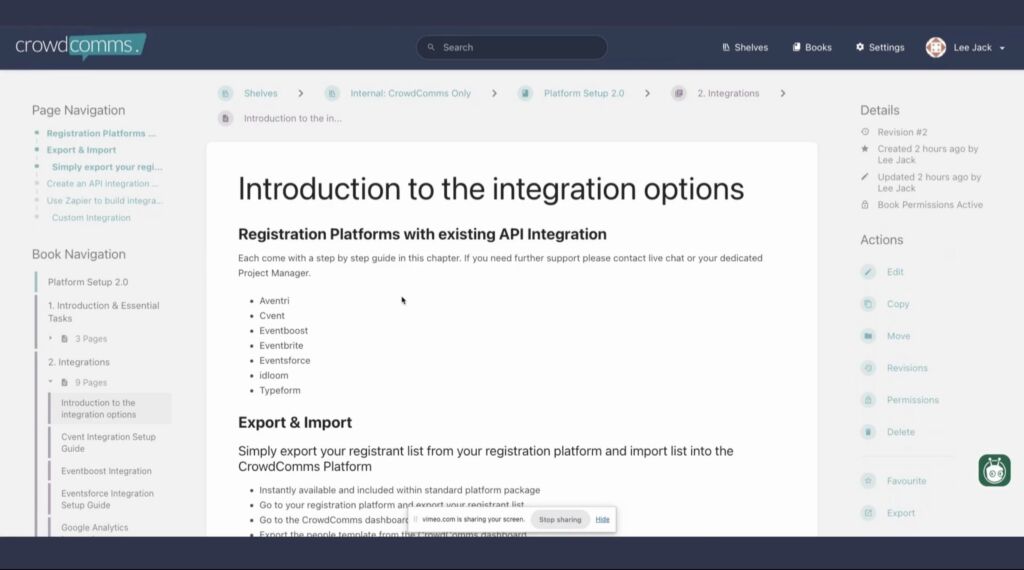 Knowledge base article "Introduction to the integration options", listing registration platforms with existing API integrations and export and import steps