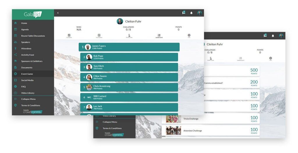 Event app screens on a snowy mountain theme showing a menu of modules, an event game leaderboard of ranked attendees with points, and point-scoring challenges