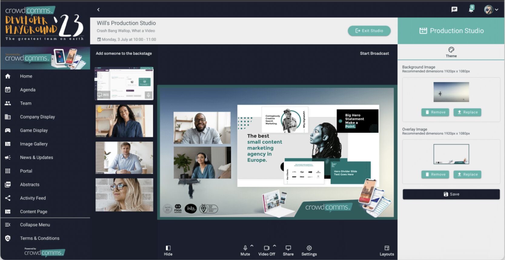 Virtual event platform production studio view with speaker video tiles backstage, a shared slide deck on the main stage and a theme settings panel for background and overlay images