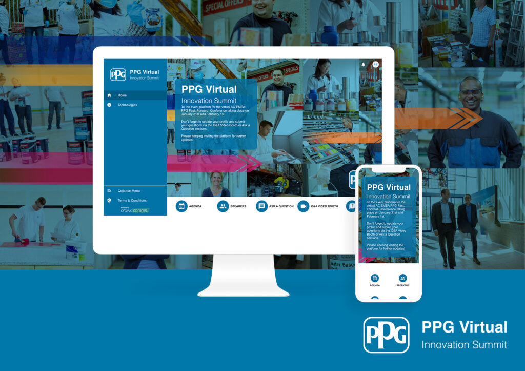 PPG Virtual Innovation Summit event platform shown on a desktop monitor and a phone, with a collage of workplace and paint shop photos behind