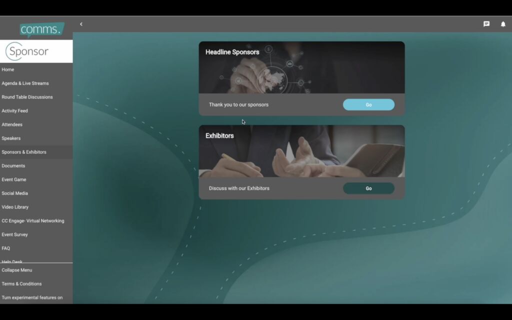 Virtual event platform Sponsors and Exhibitors page with Headline Sponsors and Exhibitors cards and a side menu of event modules