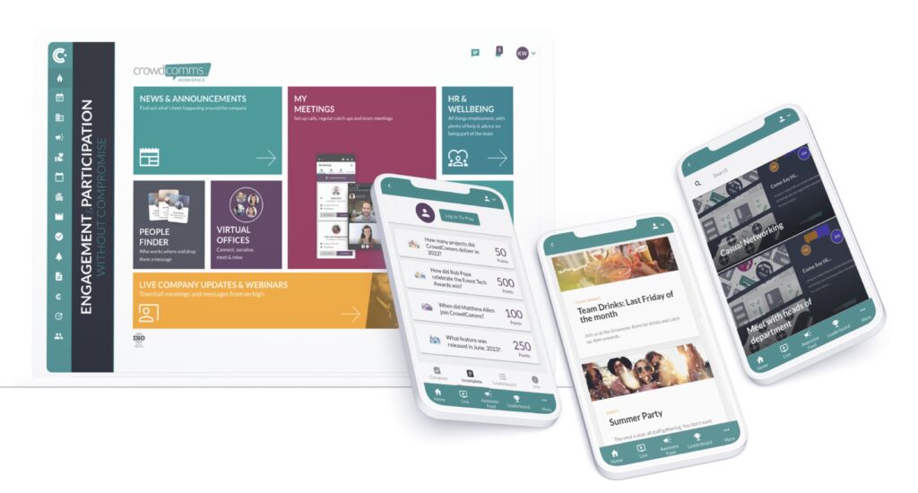 CrowdComms Workspace on a tablet with colourful tiles for news, meetings, HR and wellbeing, people finder and virtual offices, plus three phones showing a quiz, news posts and networking screens