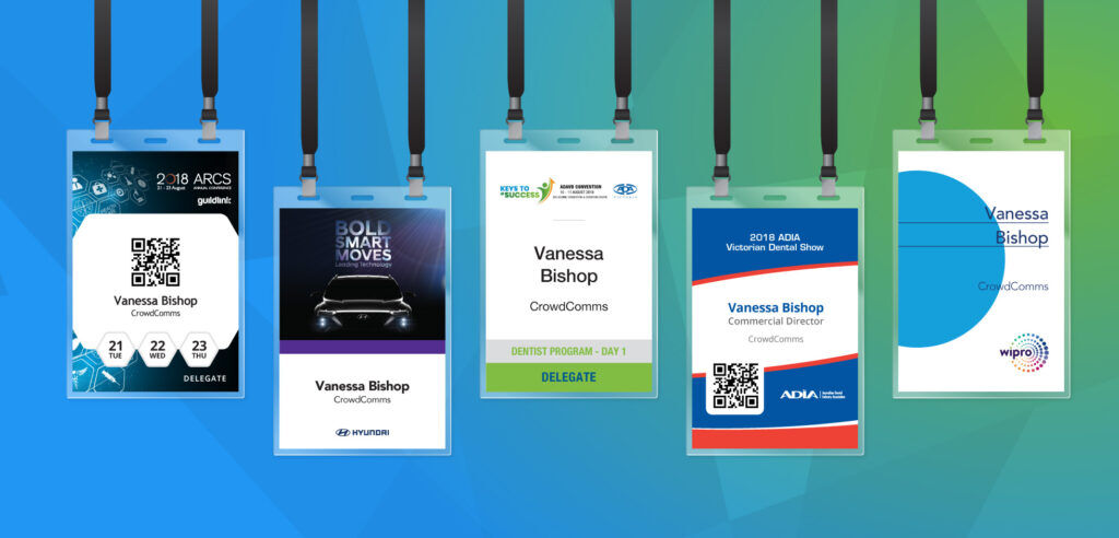 Five differently designed event badges hanging on lanyards, each printed with the same attendee name and company, some carrying QR codes and day labels