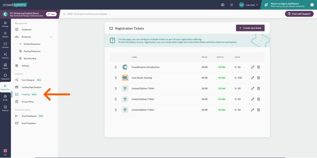 CrowdComms registration admin screen showing a Registration Tickets table with ticket names, prices and quantities, and an arrow pointing at the Tickets item in the sidebar