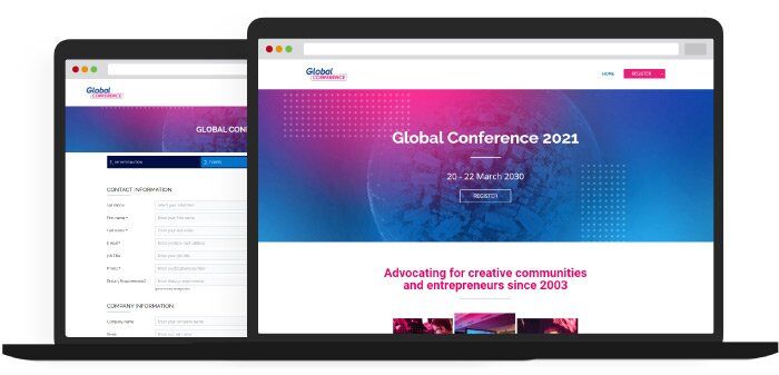 Two laptop mockups showing a Global Conference 2021 registration site, one on the banner and headline, the other on a contact information form