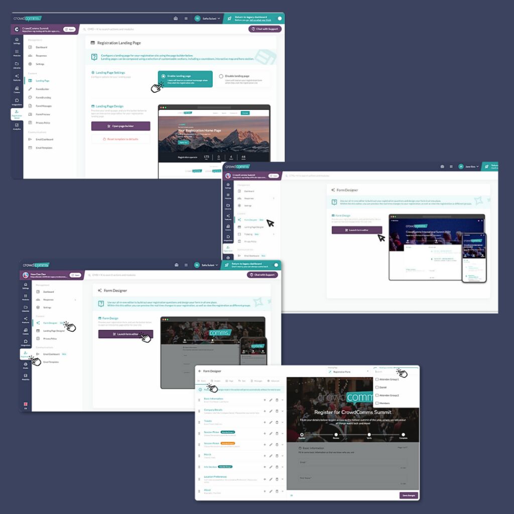 Four overlapping dashboard screenshots covering registration landing page settings and the Form Designer, with its form section list and attendee-facing preview