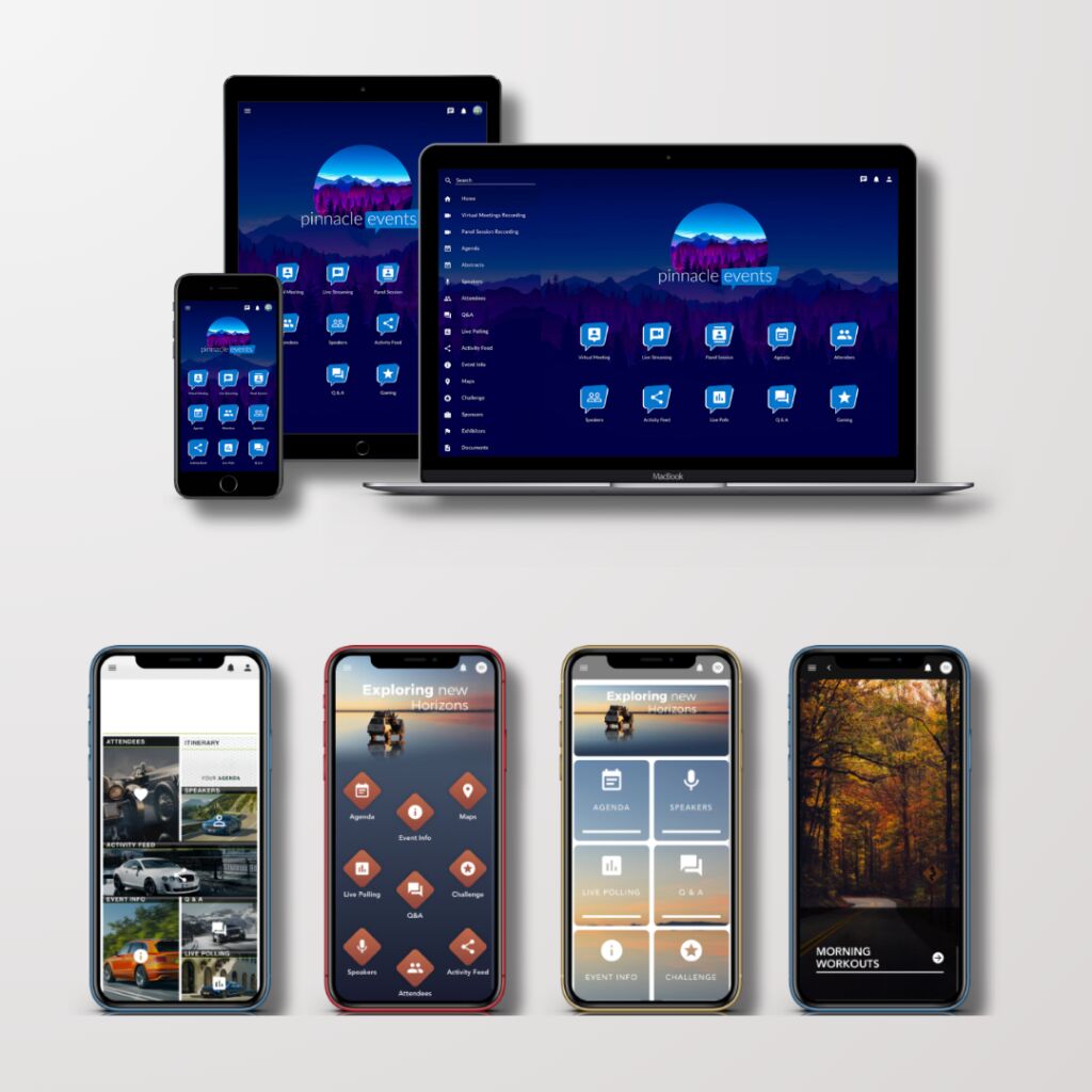 Event app mockups on a phone, tablet and laptop showing a mountain-themed home screen of module icons, plus four phones with differently styled app themes