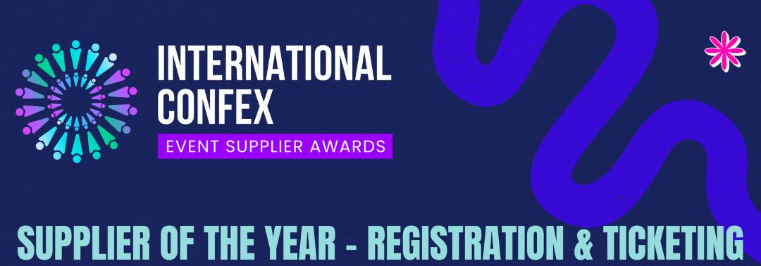 Navy International Confex Event Supplier Awards banner reading "Supplier of the Year, Registration & Ticketing"