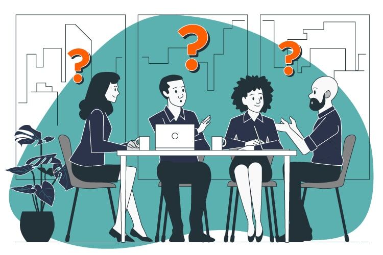 Flat illustration of four colleagues talking around a meeting table with a laptop and coffee cups, orange question marks floating above them