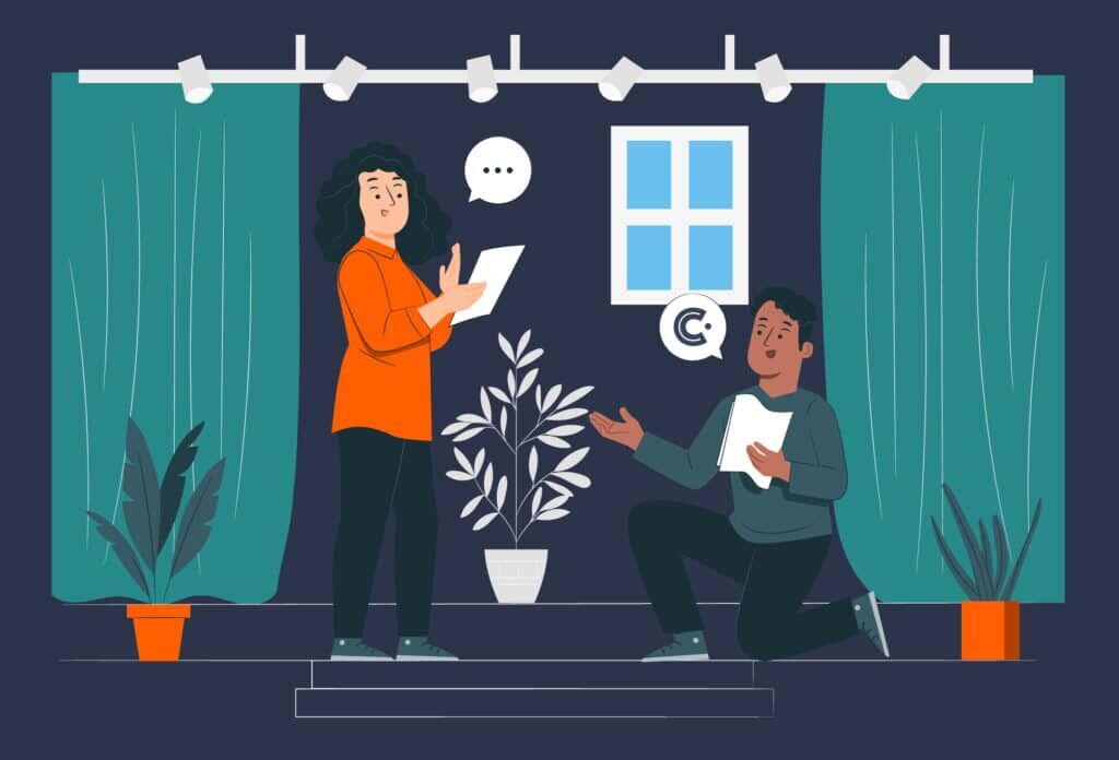 Flat illustration of two people rehearsing on a stage under spotlights, holding scripts, with speech bubbles, one containing the CrowdComms C symbol