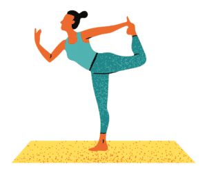 Illustration of a woman in leggings and a vest holding a standing yoga balance pose on a yellow mat