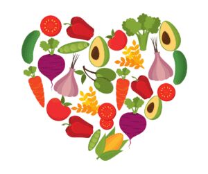 Illustration of fruit and vegetables, including peppers, avocado, carrots, tomatoes and garlic, arranged in a heart shape