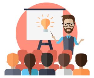 Illustration of a bearded presenter pointing at a flipchart with a lightbulb on it, facing a seated audience